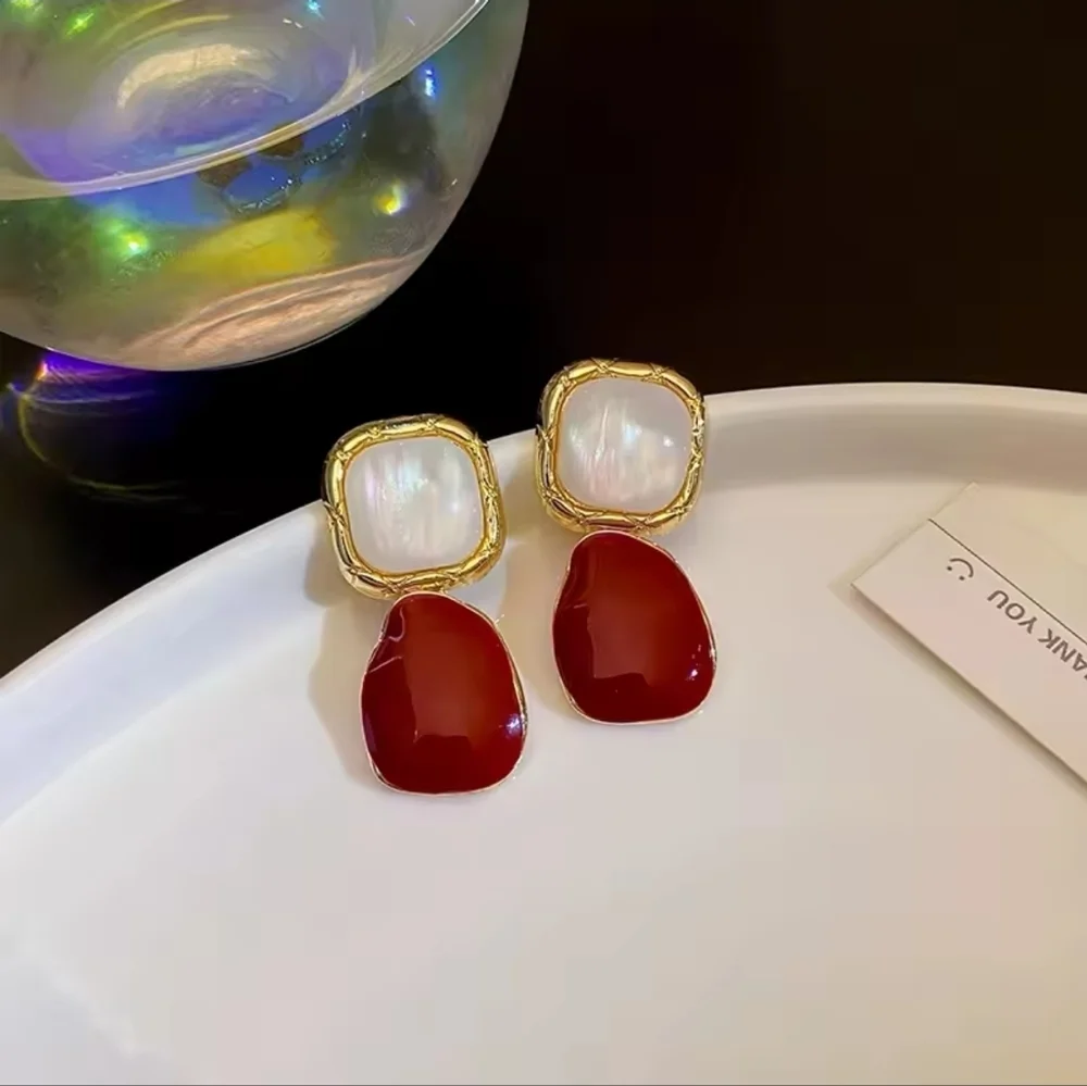Gold and Red Drop Earrings